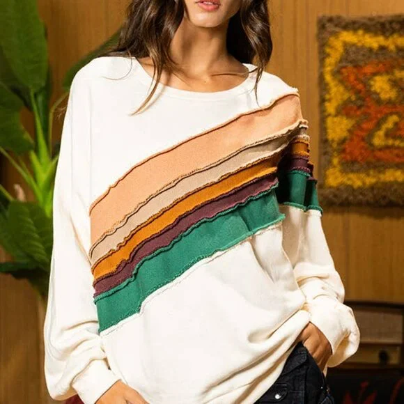 NWT: Bucketlist Cream Oversized Sweatshirt Retro 70s Stripe Pullover - Picture 3 of 5